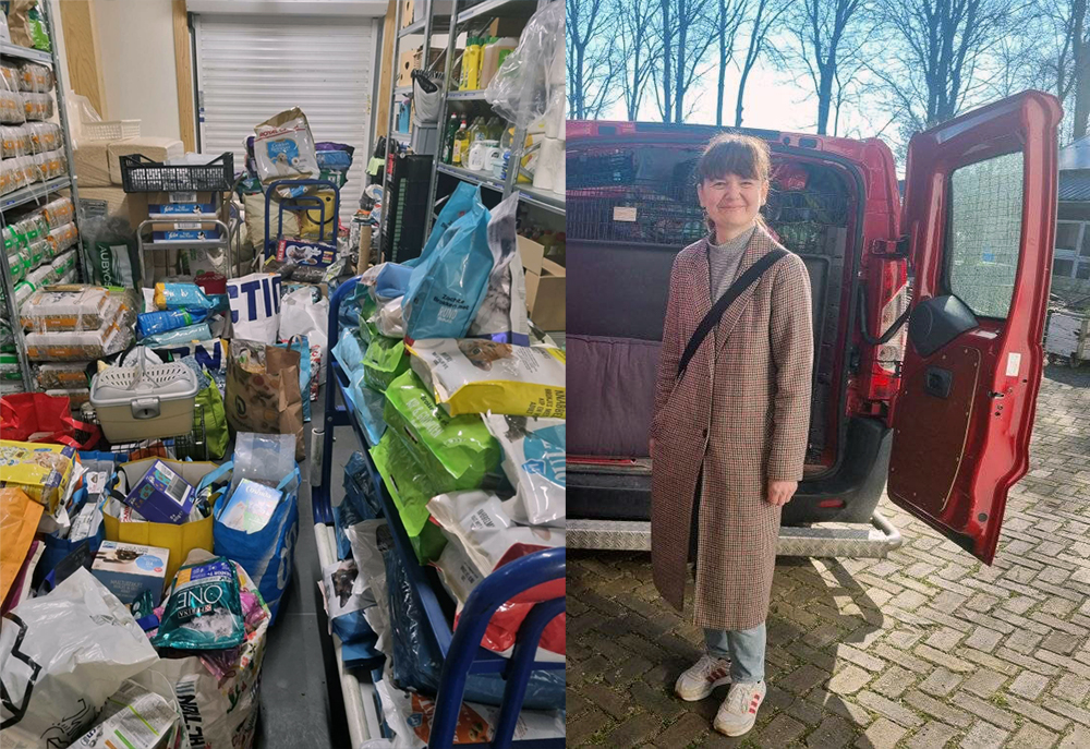Marta met alle spullen die zijn ingezameld voor de huisdieren en hun eigenaren op de vlucht uit Oekraïne, in het magazijn van Dierentehuis Stevenshage in Leiden..